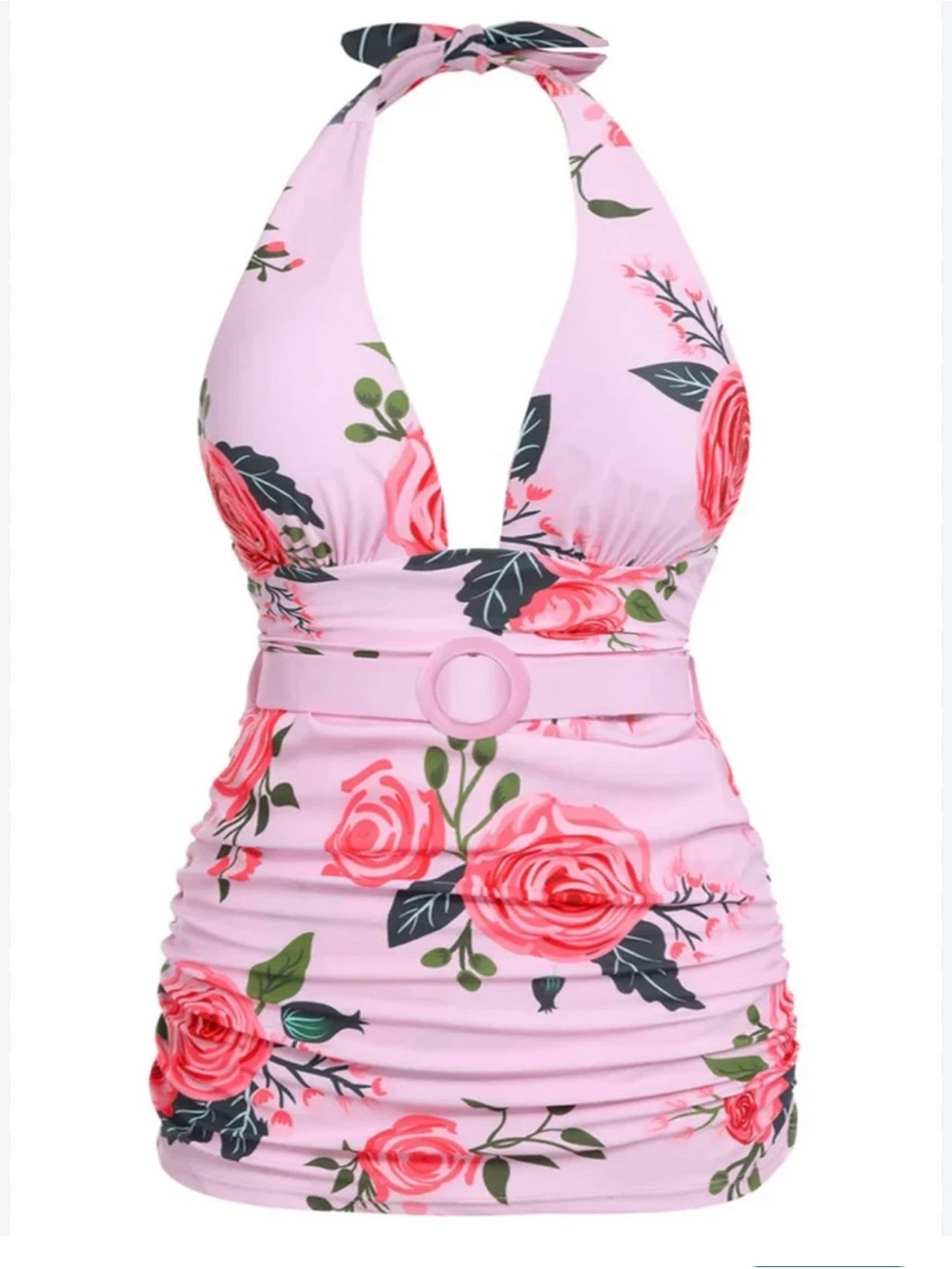 Womans retro stage Pink Floral Halter Swimdress with Belt never worn